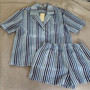 NWT Kith Elena & Erika Chenille White Blue Stripe Coord Shirt & Shorts Set Small